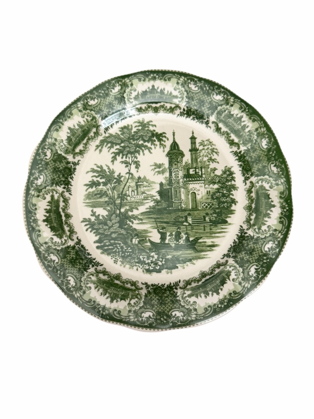 Vintage Green Transferware Scenic
Salad Plate Cottage Lake Scene Floral Border